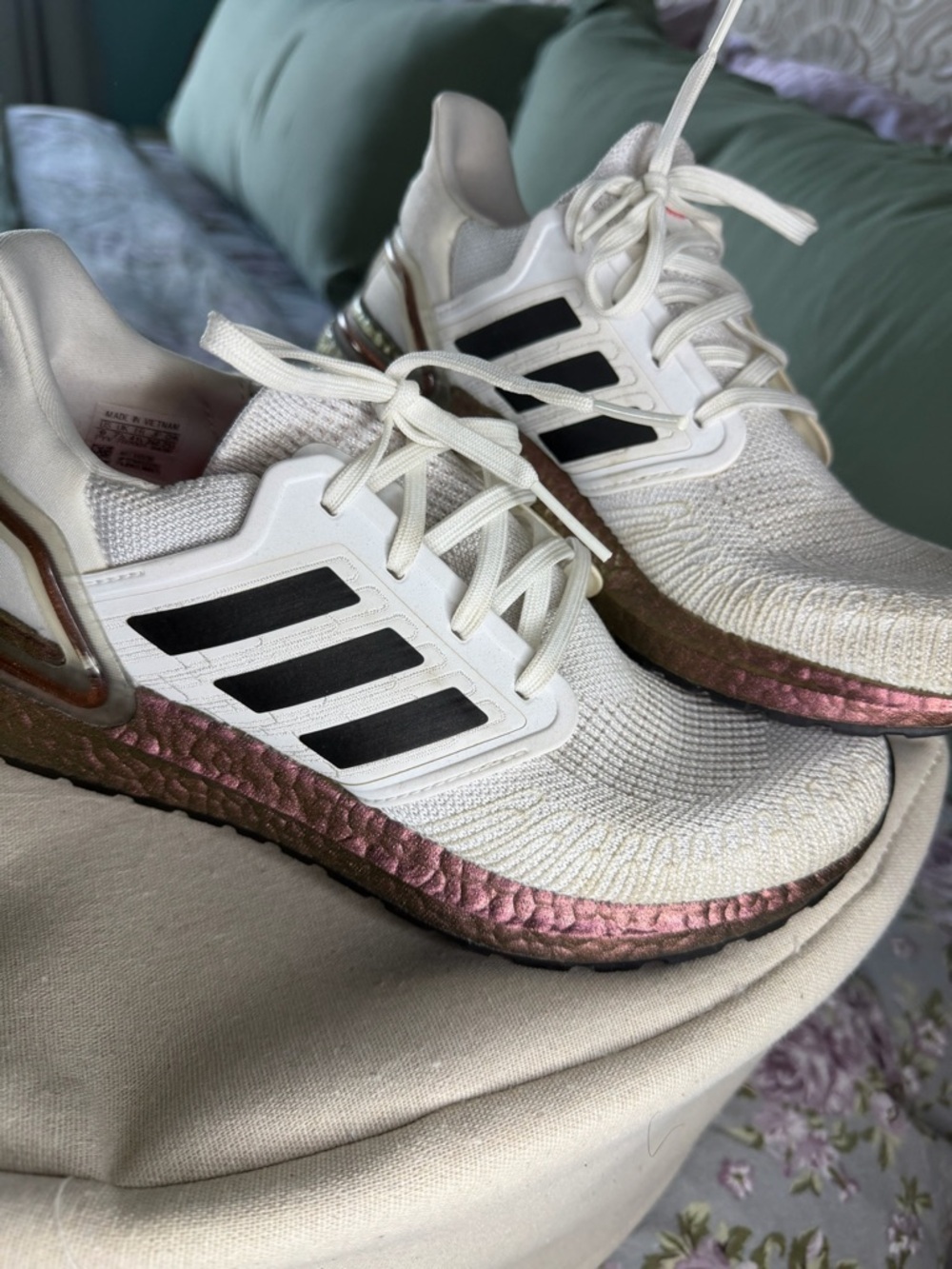 adidas White Athletic Sneakers with Pink Metallic Midsole and Black Stripes